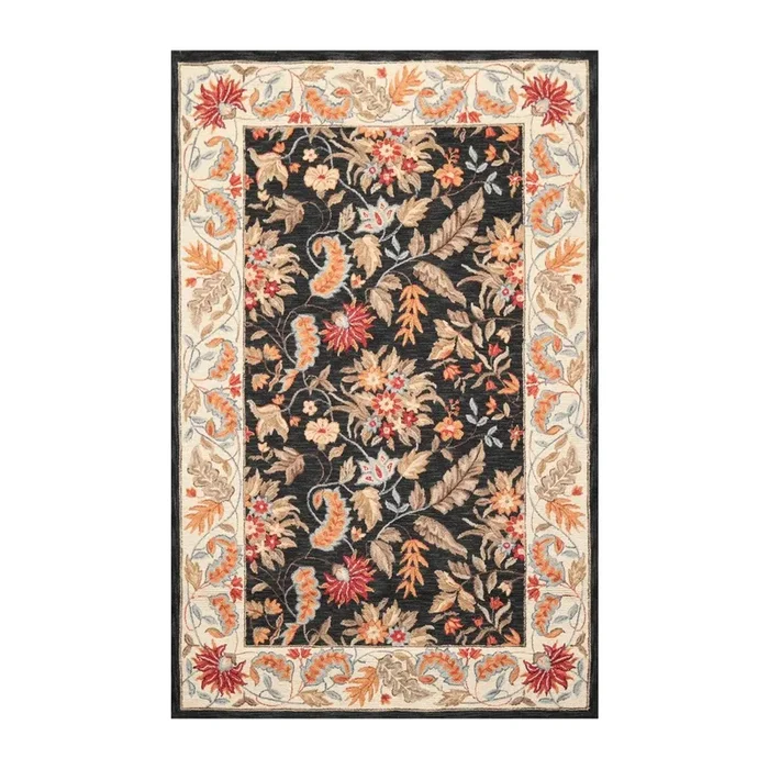 5’3” x 8’3” Handmade Hand Hooked 100% Wool Floral Area Rug Charcoal