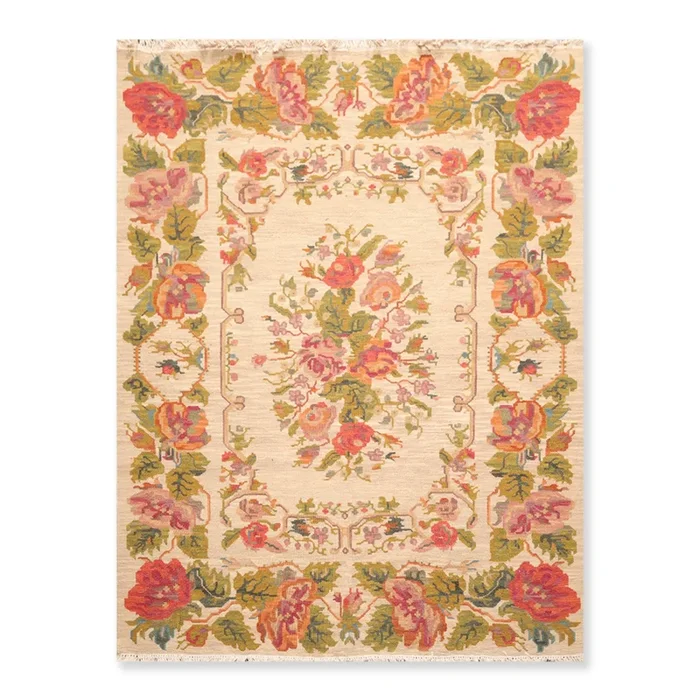5’6″ x 7’6″ Hand Knotted Wool Reversible Floral Area Rug Beige