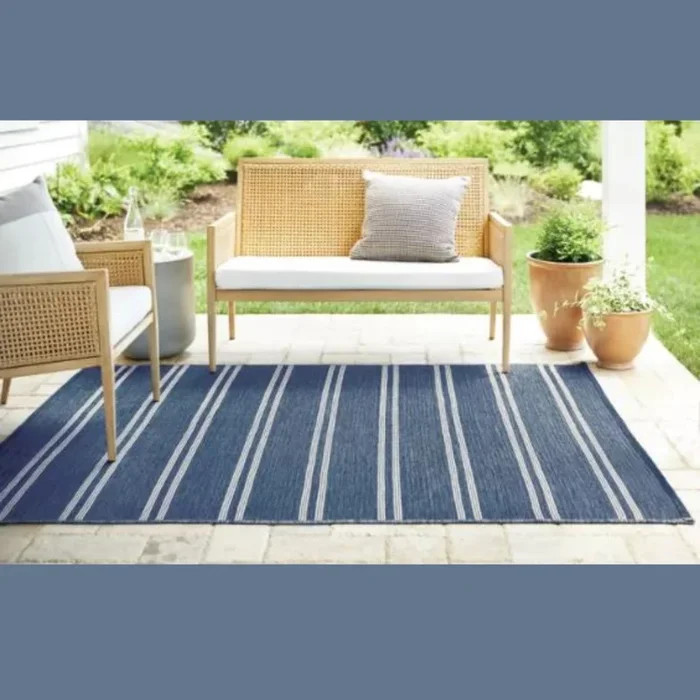 5’x7′ Gray/Indigo Woven Outdoor Rug Reversible Stripe Tonal