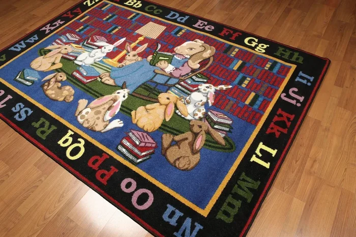 5’x7′ Red, Blue, Black, Multi Color Machine Made Polypropylene Indonesian High Density Hand Carved Effect Children Alphabet Rug