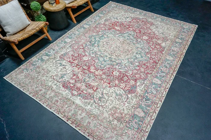 6’10 x 9’10 Vintage Oushak Rug Muted Raspberry, Blue + Beige ‘4169