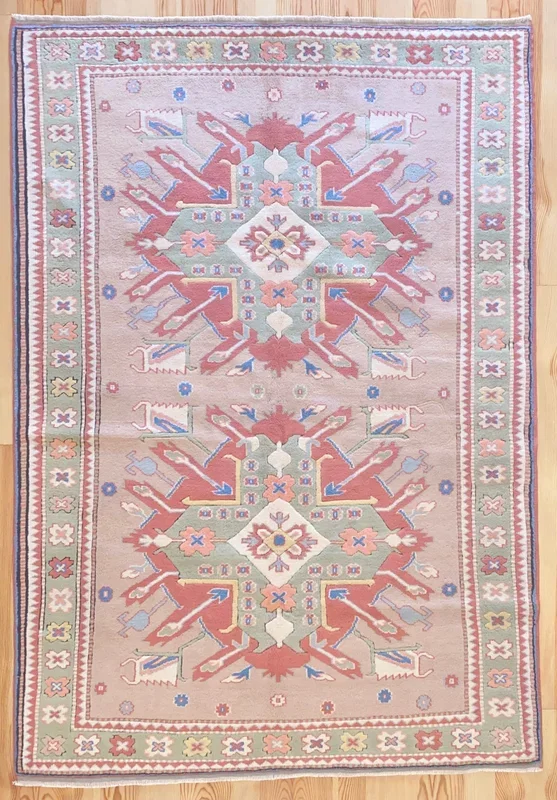 6×8 Vintage Central Anatolian ‘Aksaray’ Turkish Area Rug ‘Adler’ Caucasus Design Two Bold Medallions Light Field Geometric Border | SKU 604