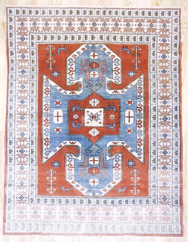 6×8 Vintage Central Anatolian ‘Yoruk’ Turkish Area Rug with a rust field and ‘shield Kazak’ design geometric border | SKU 378