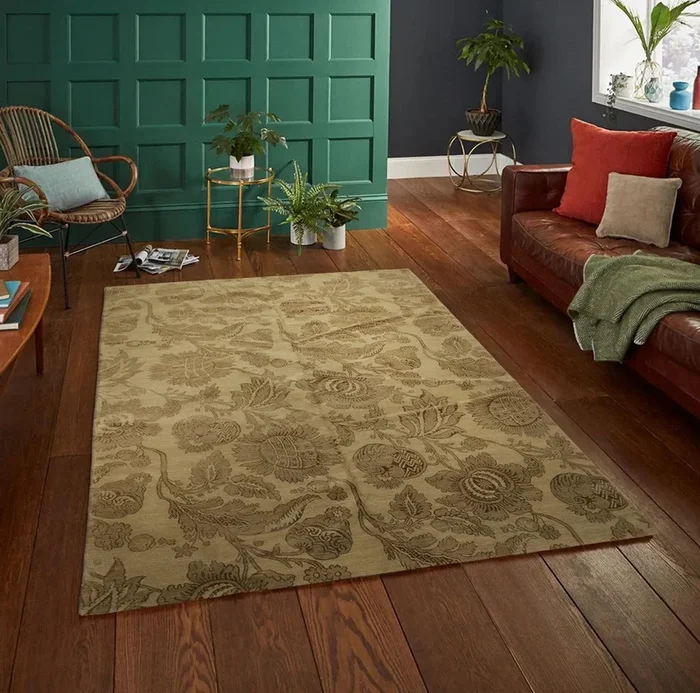 6×9 Olive Green Lapchi Hand Knotted Botanical Wool & Silk Tibetan Transitional Area Rug