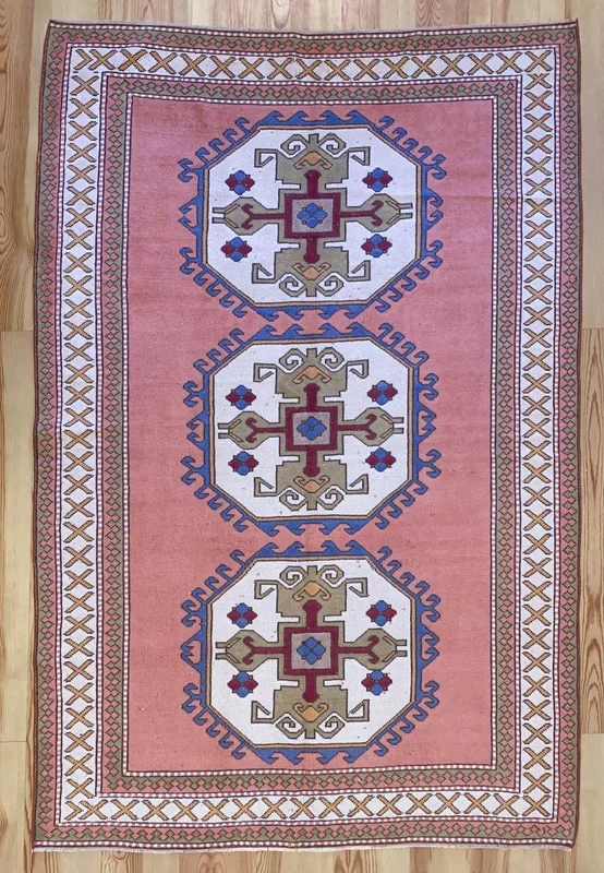 6×9 Vintage Central Anatolian ‘Sultanhan’ Turkish Area Rug | Triple Medallion Spacious Field Geometric Border Muted Colors | SKU 606