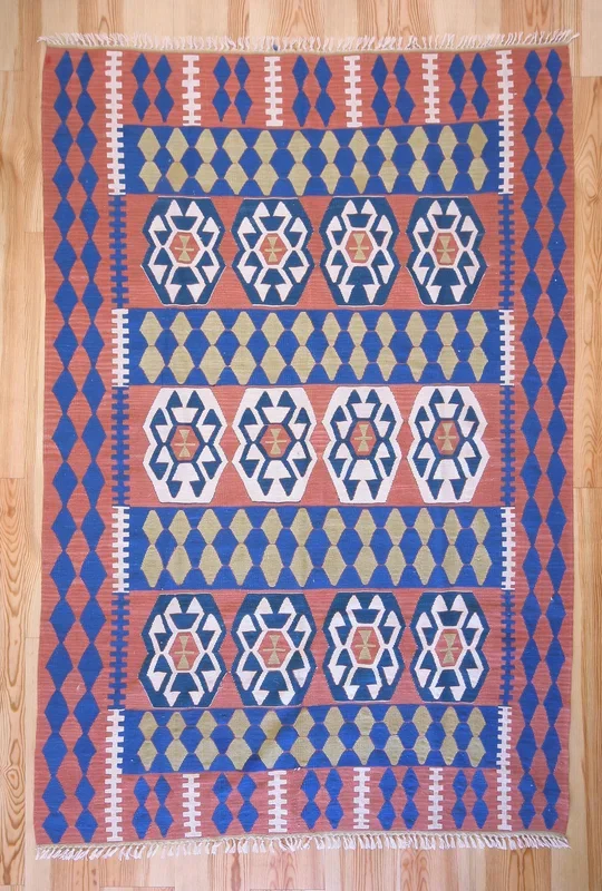 6×9 Vintage Western Anatolian Turkish Flatwoven Kilim Area Rug Bold Repeating Symmetrical Tribal Symbols Natural Colors | SKU 587