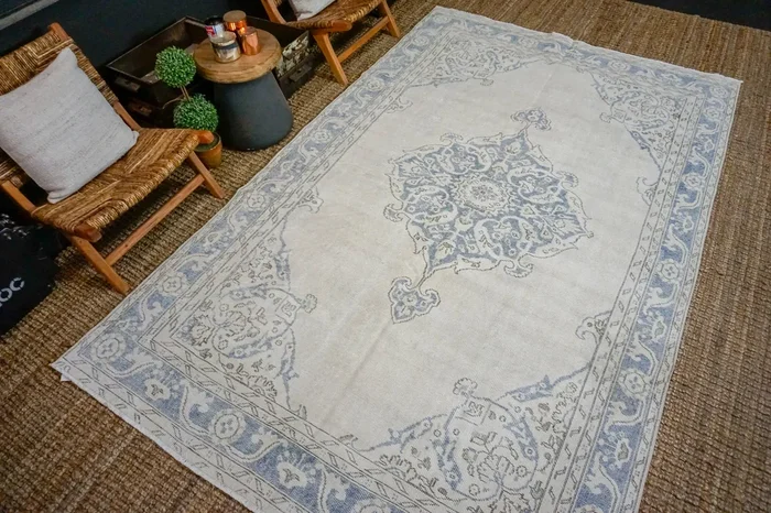 6’4 x 10’2 Vintage Oushak Rug Muted Navy Blue and Cream Carpet ‘3652