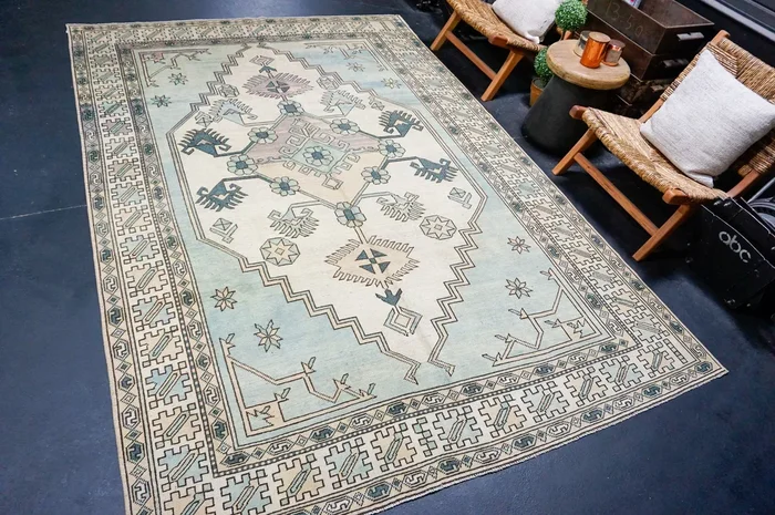 6’8 x 9’10 Vintage Turkish Oushak Rug Sea Foam Green, Blue & Cream ‘4521