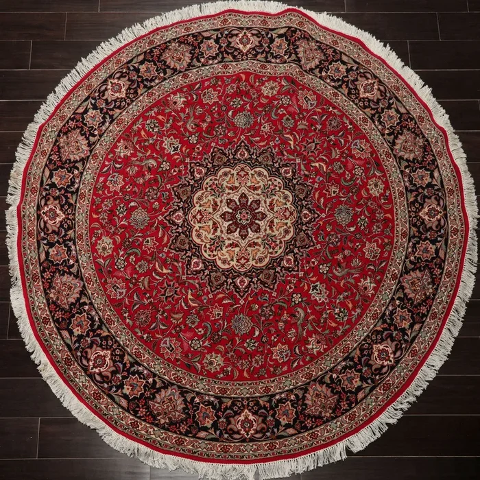6’4”x6’4” Round Hand Knotted Wool & Silk Red Tabriz Round Traditional Rug