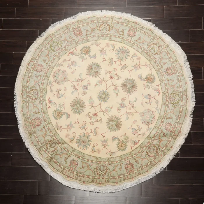 6’6”x6’6” Hand Knotted Wool & Silk Ivory Tabriz Round Traditional 300 KPSI Rug