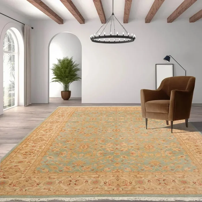6′ 1”x8′ Hand Knotted 100% Wool Agra Traditional 250 KPSI Oriental Area Rug Aqua, Beige Color