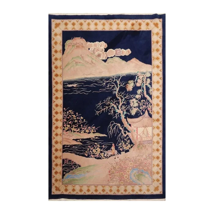 6′ x 9′ Hand Knotted 100% Wool Art Deco Traditional Oriental Area Rug Navy