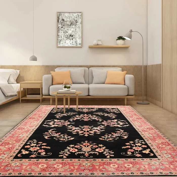 6′ x 9′ Hand Knotted 100% Wool Rare Romanian Saroukk Area Rug Black