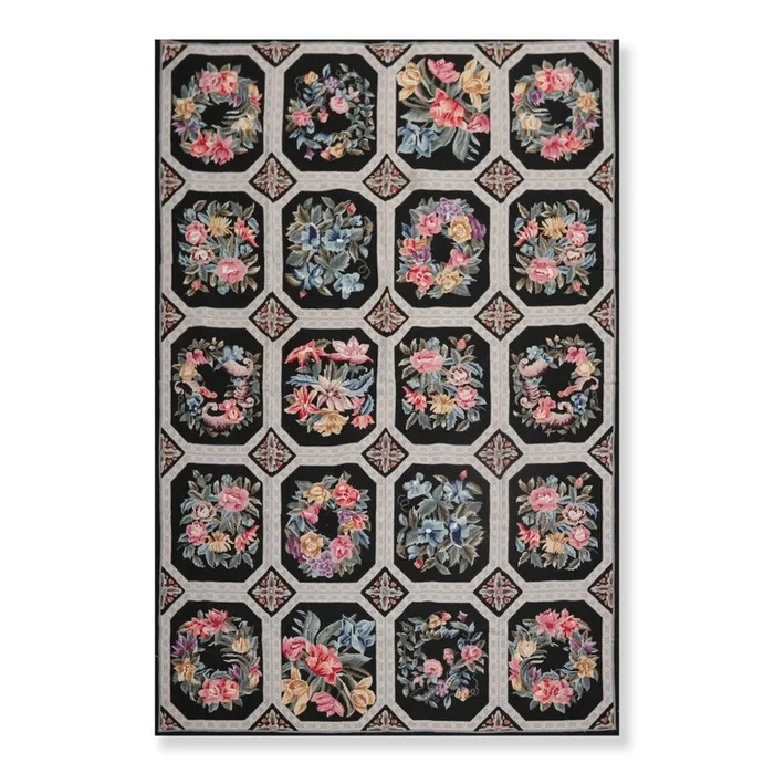6′ x 9′ Hand Woven Traditional French Aubusson Needlepoint Wool Area Rug Black