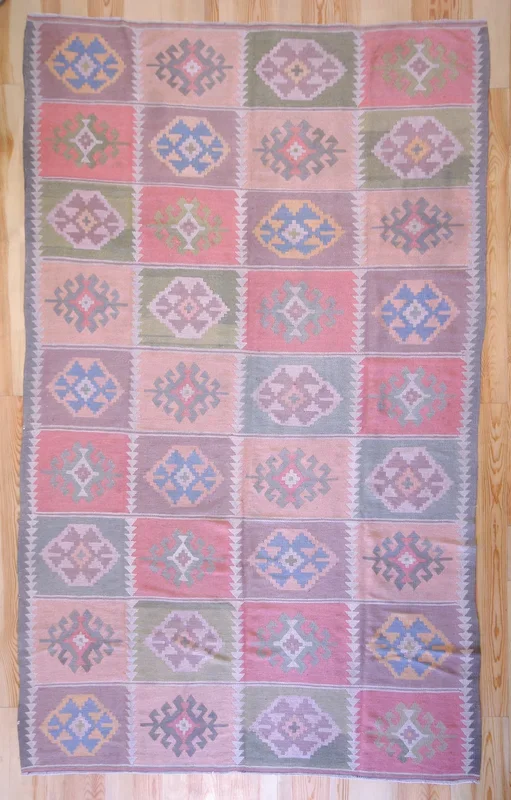 7×10 Vintage Anatolian Turkish Kilim Area Rug Bold Tribal Motifs Placed in Symmetrical Squares Soft Muted Colors | SKU 518