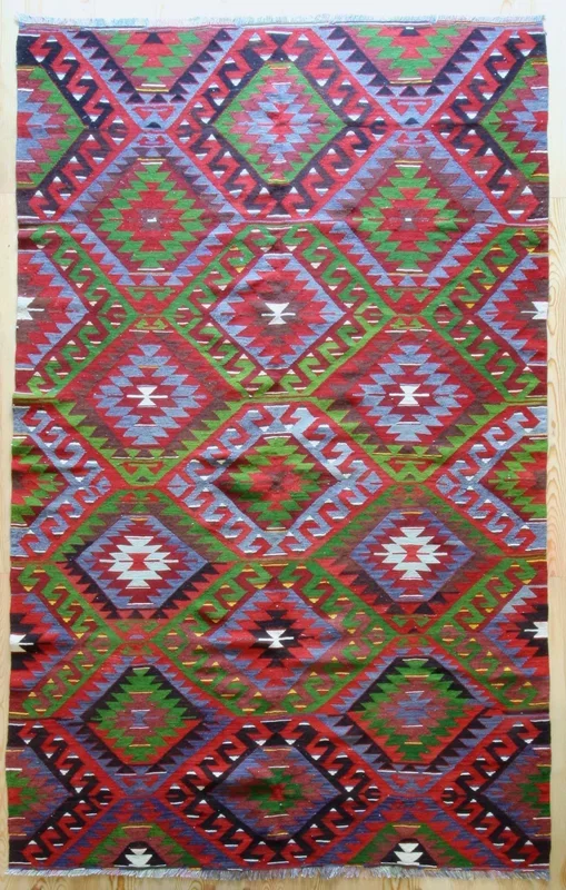 7×10 Vintage Anatolian Turkish Kilim Area Rug | Repeating staggered tribal symbols covering field | SKU 347
