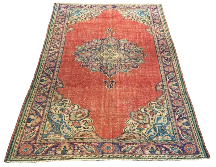 7×11 Vintage Western Anatolian Oushak Style ‘Isparta’ Turkish Area Rug | Bold Medallion Spacious Field Warm Colors Floral Corner and Border Design | SKU 255