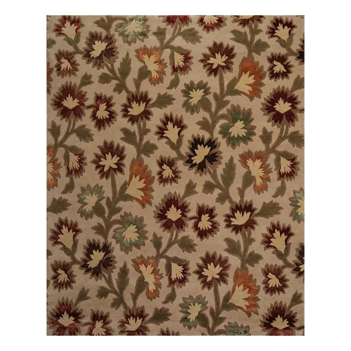 7’11″x9’9″ Hand Knotted Floral Wool & Silk Tibetan Oriental Area Rug Beige