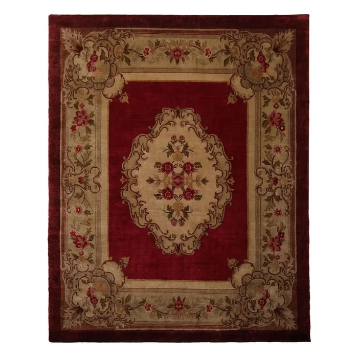 7’8”x9’5” Hand Knotted Wool Crimson French Aubusson Savonnerie Traditional European Classic Design Rug