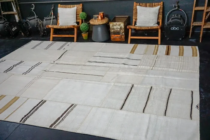 8’10 x 12’2 MCM Vintage Organic Hemp Rug Off White Flatweave Kilim ‘3155