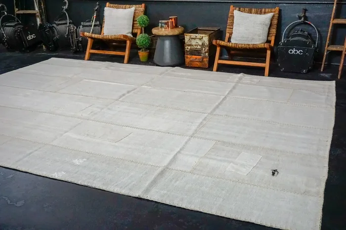 8’10 x 12’4 MCM Vintage Organic Hemp Rug Off White Flatweave Collage Kilim ‘2964