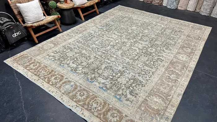 8’10 x 12’ Classic Antique Tabriz Rug Muted Beige, Camel + Light Denim ‘5291