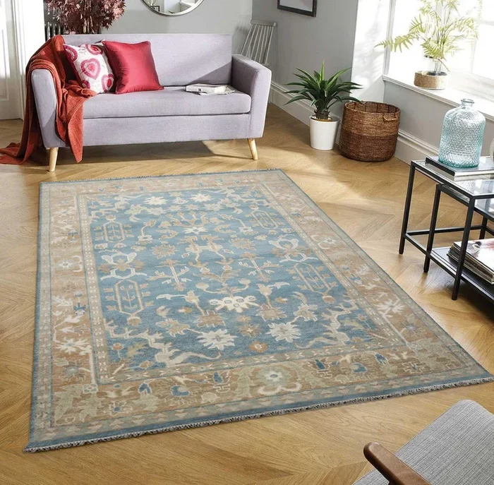 8’11″ x 11’11”Muted Hand Knotted Wool Traditional Indo Herizz Area Rug Blue
