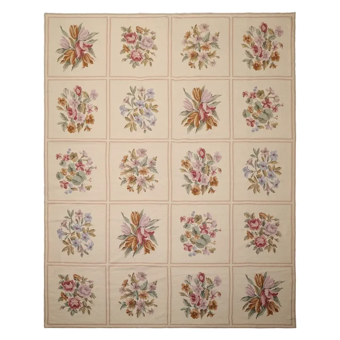 8×10’7” Hand Woven Wool Ivory French Aubusson Needlepoint Traditional Botanical Rug