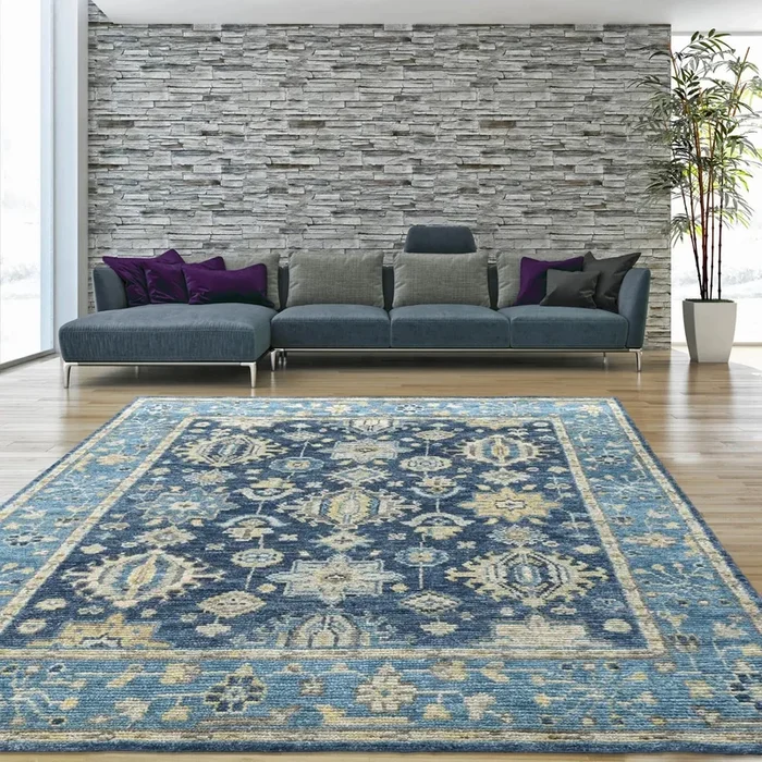 8×10 Blue, Beige Hand Knotted 100% Wool Turkish Oushak Transitional Oriental Area Rug