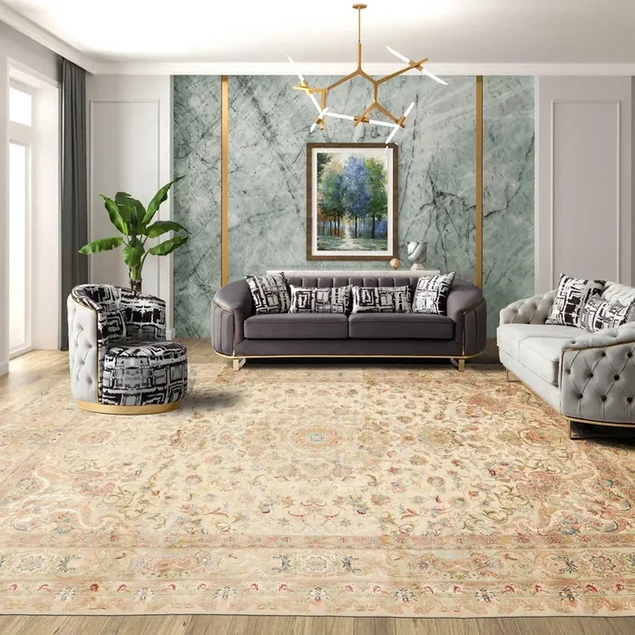 8×10 Hand Knotted Wool and Silk Traditional Tabriz 300 KPSI Oriental Area Rug Ivory, Taupe Color