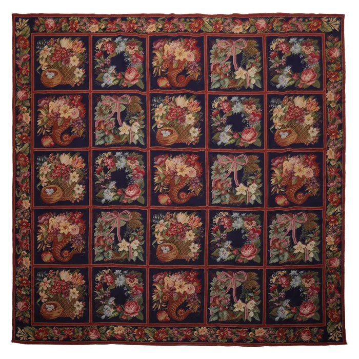 8’6”x8’6” Square Hand Woven Wool Navy Aubusson Needlepoint Traditional Floral Rug