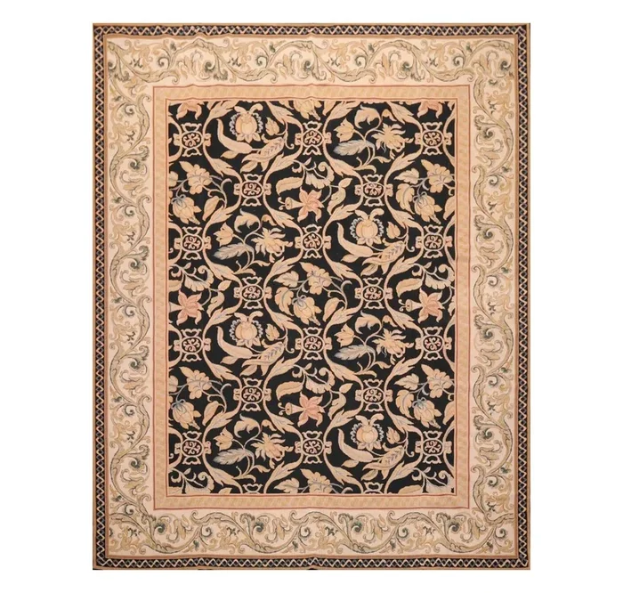 8’x10′ Hand Woven Wool French Aubusson Botanical Flatweave Area Rug Black
