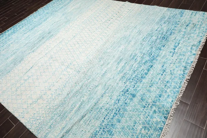 8′ x 10′ Hand Knotted 100% Wool Contemporary Modern Area Rug Ivory Aqua