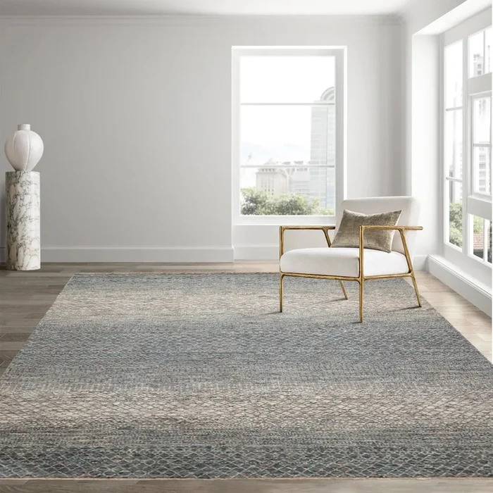 8′ x 10′ Hand Knotted 100% Wool Modern Oriental Area Rug Ivory, Blue, Aqua