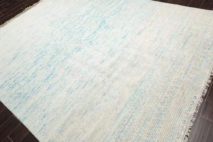 8′ x 10′ Hand Knotted 100% Wool Muted Modern Area Rug Ivory, Aqua