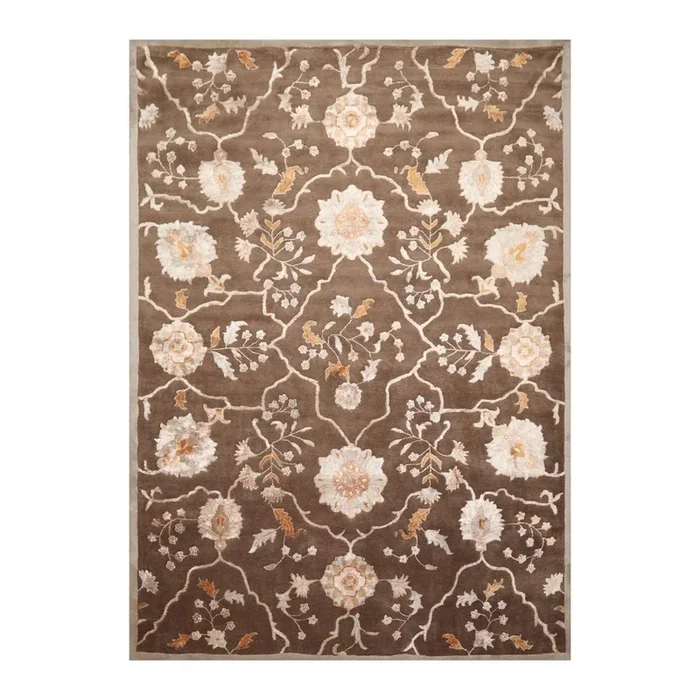 8′ x 11′ Handmade Wool & Art Silk Botanical Transitional Oriental Area Rug Brown