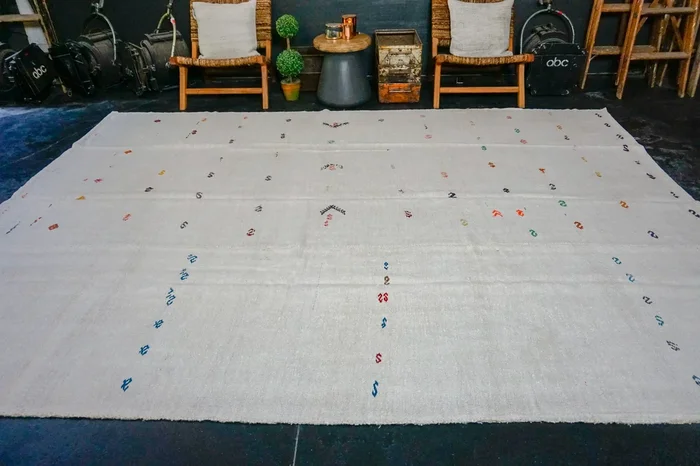 8’9 x 11’3 MCM Vintage Organic Hemp Rug Off White Flatweave Kilim ‘3172