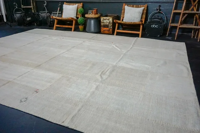 9’10 x 13’8 MCM Vintage Organic Hemp Rug Off White Flatweave Collage Kilim ‘2965