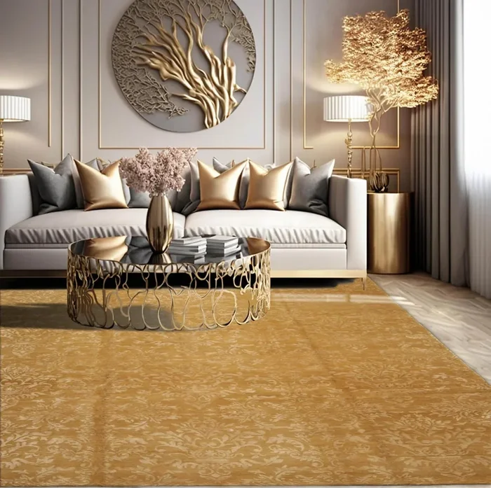 9×12 Gold Hand Knotted Tibetan Wool and Silk Damask Transitional Oriental Area Rug