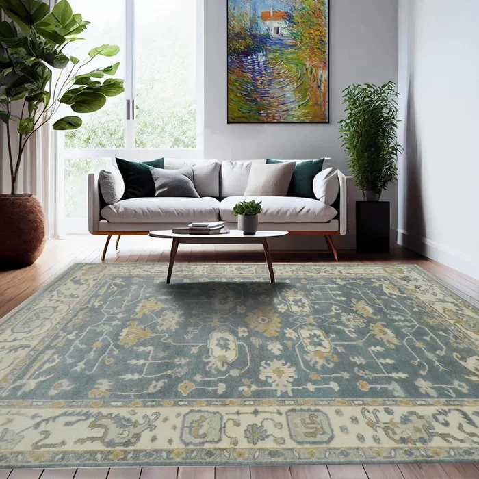 9×12 Grayish Blue, Ivory Color Hand Knotted LoomBloom Muted Turkish Oushak 100% Wool Transitional Oriental Area Rug