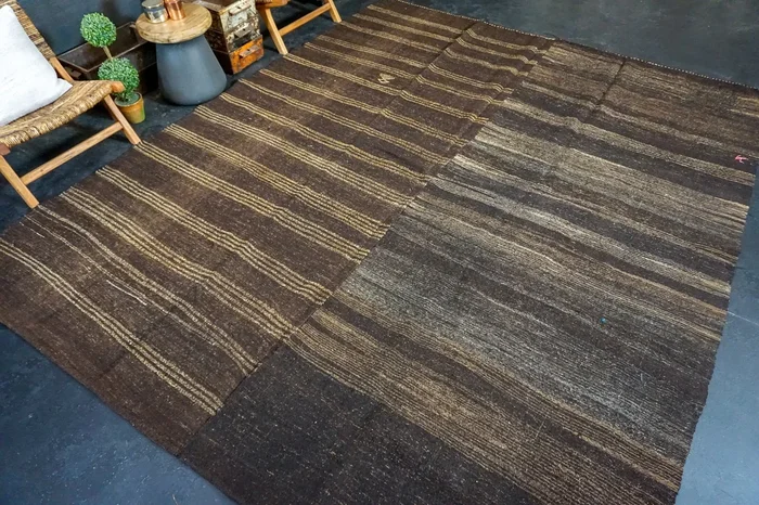 9’4 x 11’7 Brown + Cream Goat Hair Vintage Flatweave Kilim ‘3015