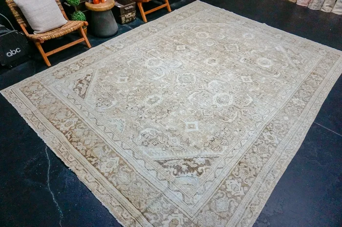 9’4 x 12’4 Classic Vintage Rug Muted Camel Beige & Powder Blue SB ‘4127