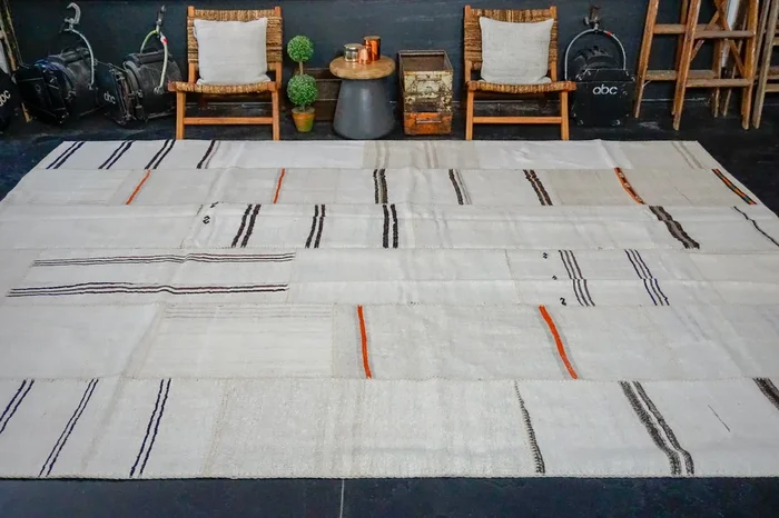 9’8 x 13’ Vintage Organic Hemp Rug Off White Collage Flatweave MCM Kilim ‘3156