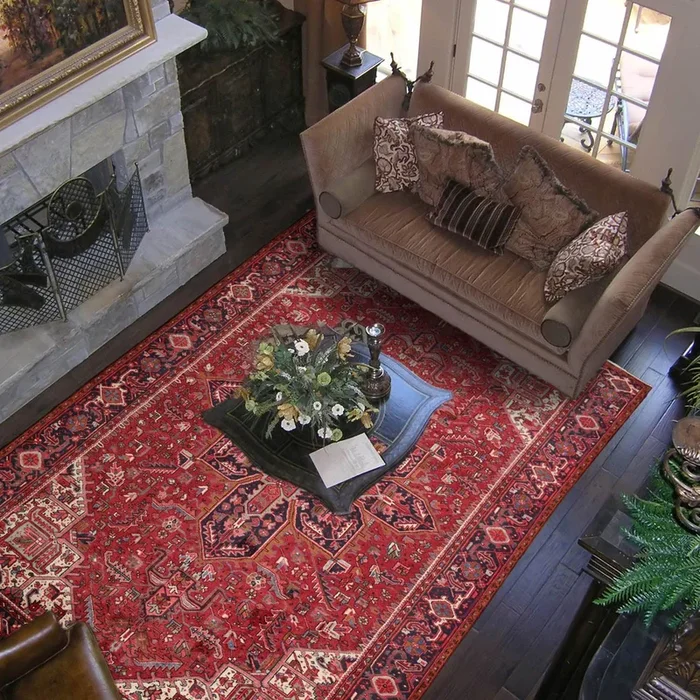 9’1″ x 13’2″ Masterpiece Hand Knotted Wool Authentic Herizz Oriental Area Rug Red with Orange Undertones