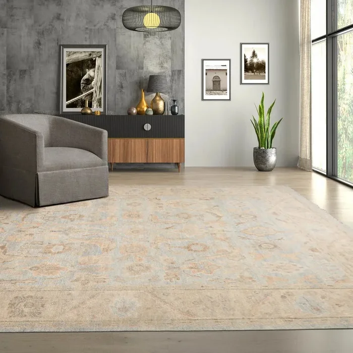 9’x12′ Hand Knotted Oushak 100% Wool Transitional Oriental Area Rug Pale Blue, Tan Color