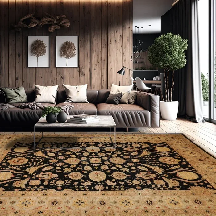 9′ 3”x13′ 4”Black, Beige Hand Knotted 100% Wool Chobi Peshawar Traditional Oriental Area Rug