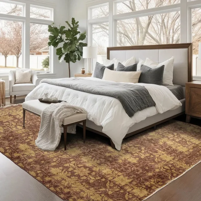 9′ x 12′ Hand Knotted Erased Pattern Botanical Wool Pile Area Rug Brown