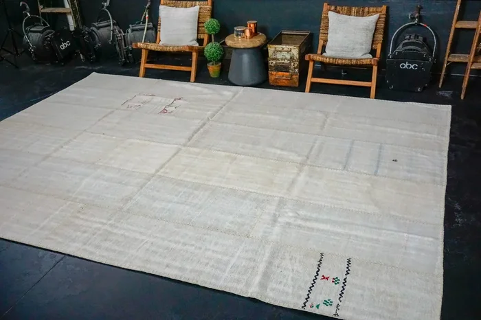 9 x 12’4 MCM Vintage Organic Hemp Rug Off White Flatweave Kilim ‘2960