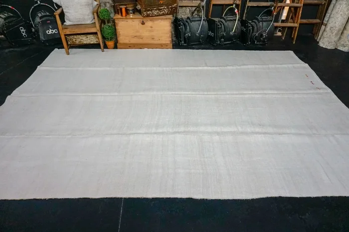 9 x 12 Organic Hemp Flatweave Rug Vintage Turkish Off White Scandinavian Style 70’s ‘3168