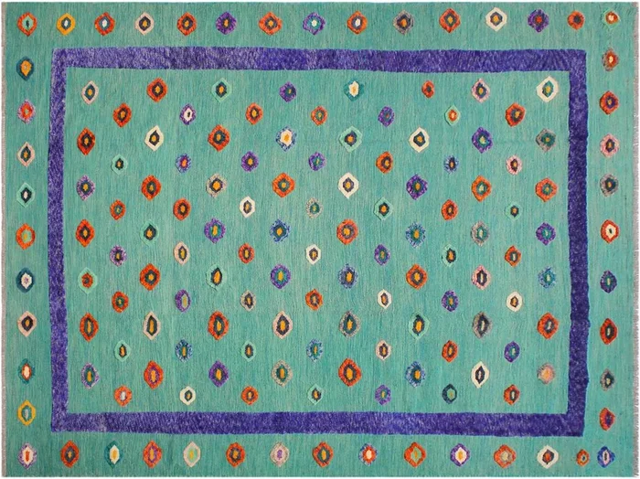 Abstract Moroccan High-Low Candelar Green/Blue Wool Rug – 9’11” x 12’10”